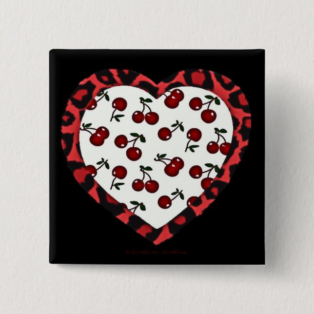 RAB Rockabilly Cherries Leopard Print Heart Button (Vorderseite)