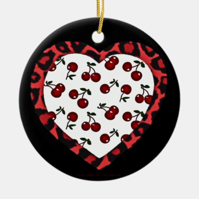 RAB Rockabilly Cherries Leopard Print Heart Keramik Ornament (Vorne)