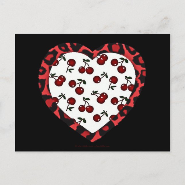 RAB Rockabilly Cherries Leopard Print Heart Postkarte (Vorderseite)
