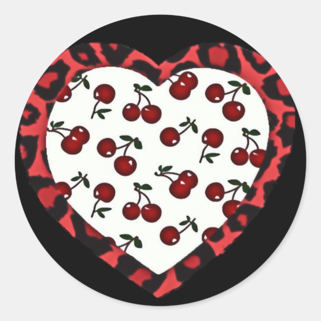 RAB Rockabilly Cherries Leopard Print Heart Runder Aufkleber (Vorderseite)