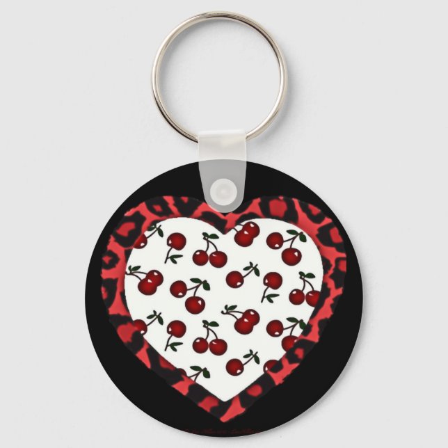 RAB Rockabilly Cherries Leopard Print Heart Schlüsselanhänger (Vorderseite)