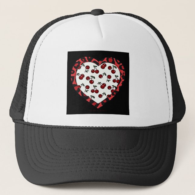 RAB Rockabilly Cherries Leopard Print Heart Truckerkappe (Vorderseite)