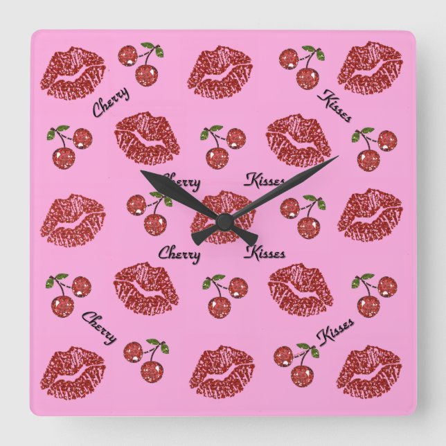 RAB Rockabilly Cherry Kisses auf Pink Quadratische Wanduhr (Vorderseite)