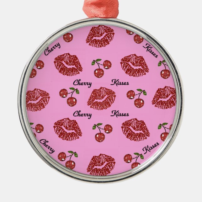 RAB Rockabilly Cherry Kisses auf Pink Silbernes Ornament (Vorne)