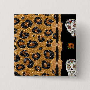 RAB Rockabilly Gold Leopard Print Sugar Skulls Button