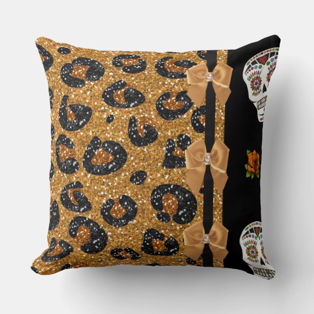 RAB Rockabilly Gold Leopard Print Sugar Skulls Kissen (Vorderseite)