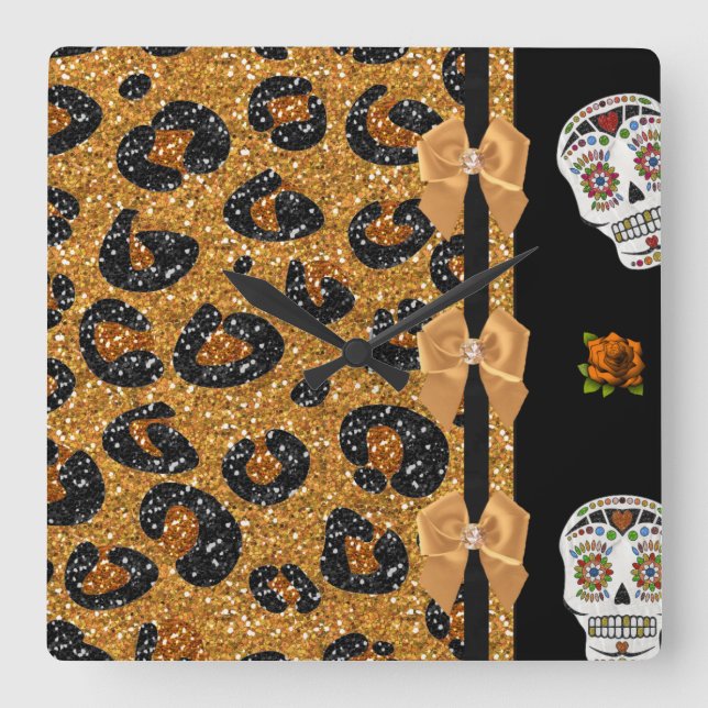 RAB Rockabilly Gold Leopard Print Sugar Skulls Quadratische Wanduhr (Vorderseite)