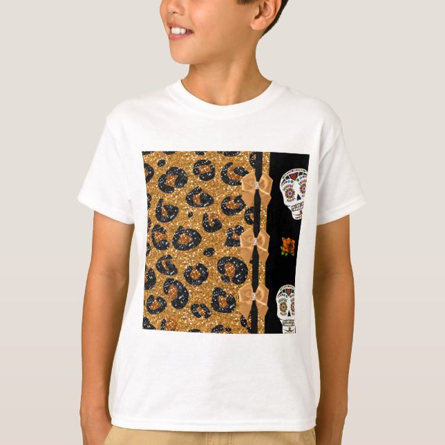 RAB Rockabilly Gold Leopard Print Sugar Skulls T-Shirt (Vorderseite)