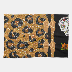 RAB Rockabilly Gold Leopardenprint Zucker-Schädel Geschirrtuch