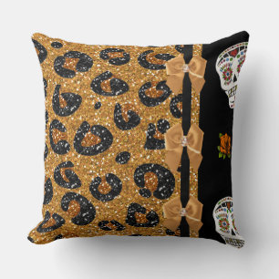 RAB Rockabilly Gold Leopardenprint Zucker-Schädel Kissen