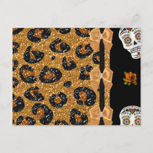 RAB Rockabilly Gold Leopardenprint Zucker-Schädel Postkarte