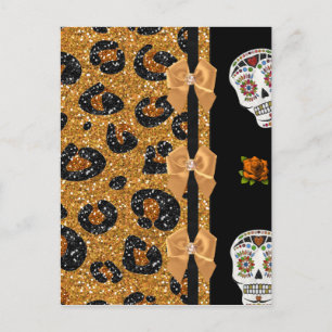 RAB Rockabilly Gold Leopardenprint Zucker-Schädel Postkarte