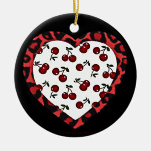 RAB Rockabilly Kirschen Leopardenprint Herz Keramik Ornament