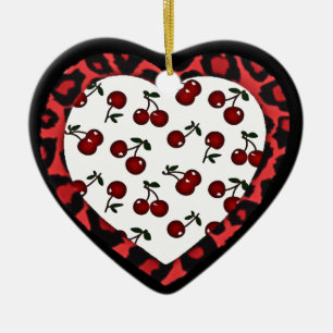 RAB Rockabilly Kirschen Leopardenprint Herz Keramikornament