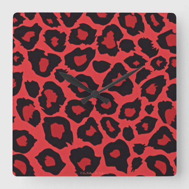 RAB Rockabilly Leopard Print Red Black Quadratische Wanduhr (Vorderseite)