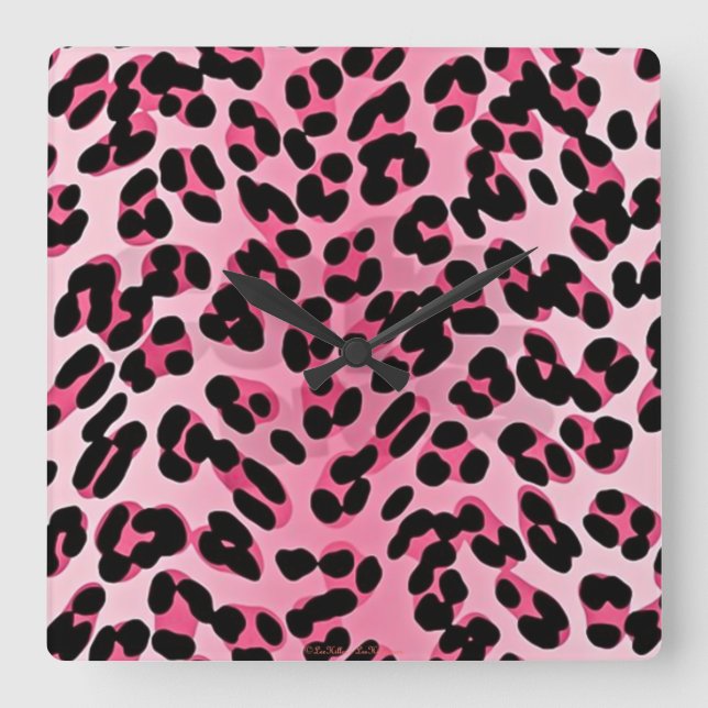 RAB Rockabilly Pink Cheetah Print Quadratische Wanduhr (Vorderseite)