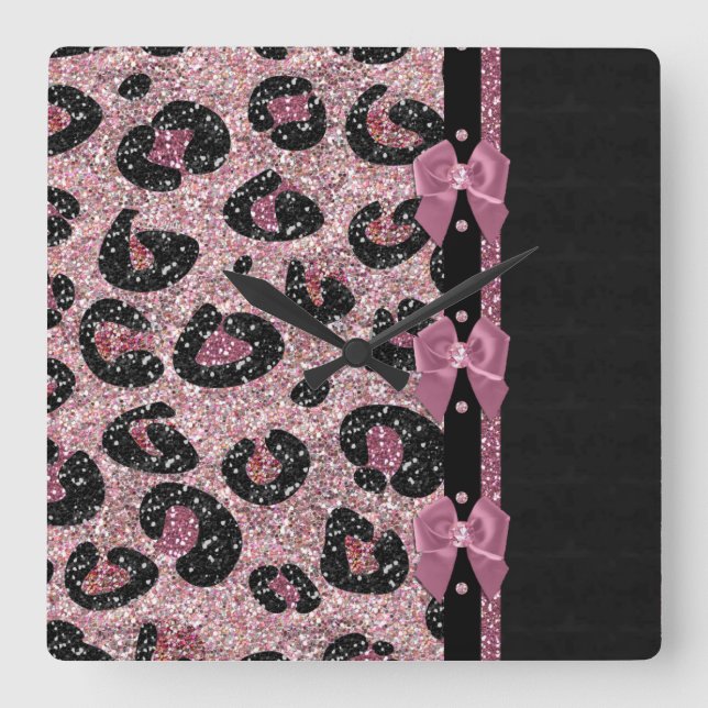 RAB Rockabilly Pink Leopard Print Ribbon Bows Quadratische Wanduhr (Vorderseite)