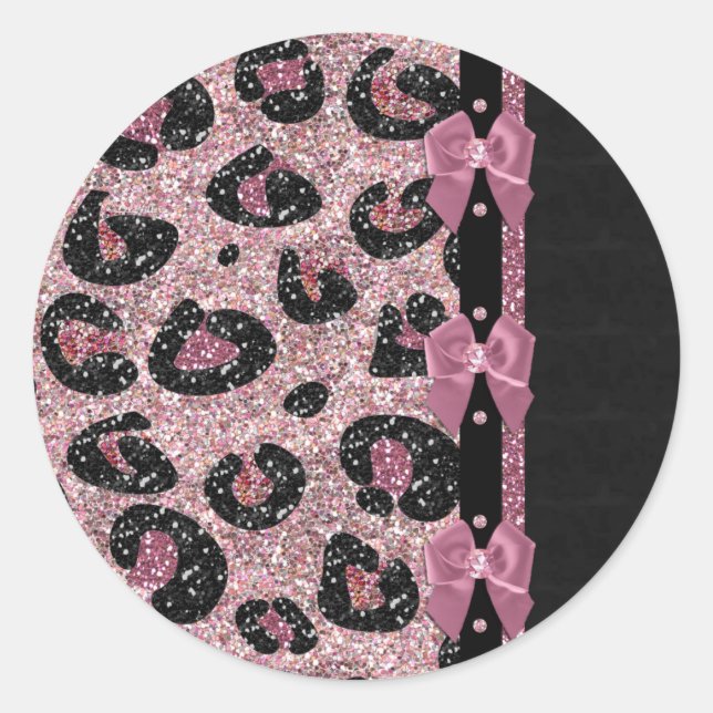 RAB Rockabilly Pink Leopard Print Ribbon Bows Runder Aufkleber (Vorderseite)