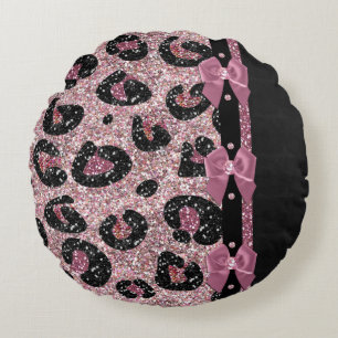 RAB Rockabilly Pink Leopard Print Ribbon Bows Rundes Kissen