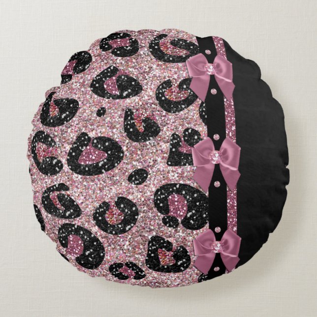 RAB Rockabilly Pink Leopard Print Ribbon Bows Rundes Kissen (Vorderseite)