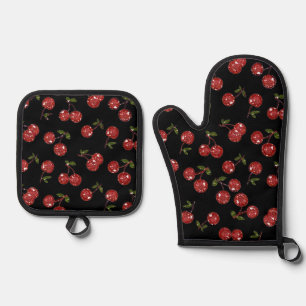 RAB Rockabilly sehr Kirschkirschen auf schwarz Ofenhandschuh & Topflappen-Set