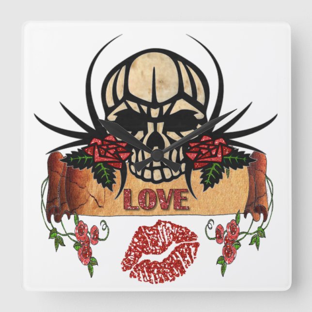 RAB Rockabilly Skull Rose Liebe Lipstick Quadratische Wanduhr (Vorderseite)