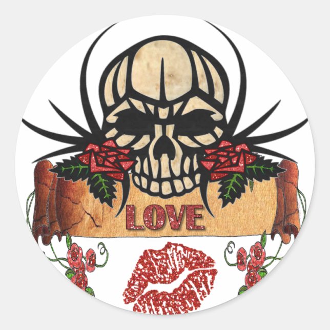 RAB Rockabilly Skull Rose Liebe Lipstick Runder Aufkleber (Vorderseite)