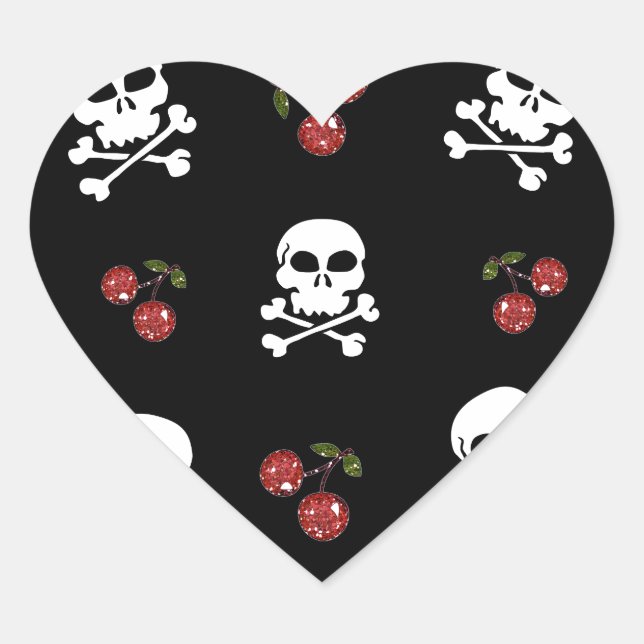 RAB Rockabilly Skulls and Cherries on Black Herz-Aufkleber (Vorderseite)