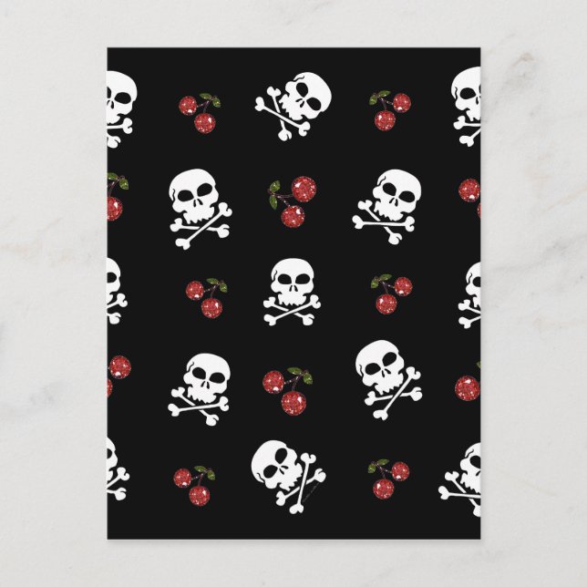 RAB Rockabilly Skulls and Cherries on Black Postkarte (Vorderseite)