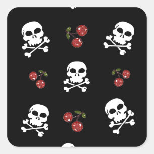 RAB Rockabilly Skulls and Cherries on Black Quadratischer Aufkleber