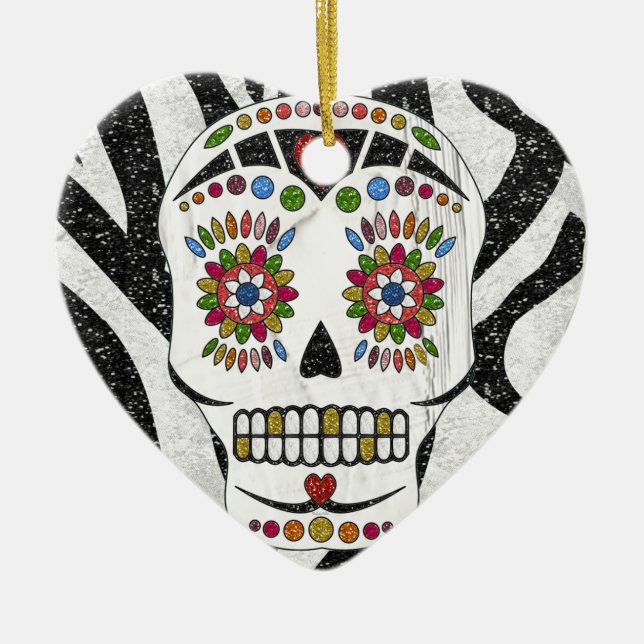 RAB Rockabilly Sugar Skull auf Zebra Print Keramik Ornament (Vorne)