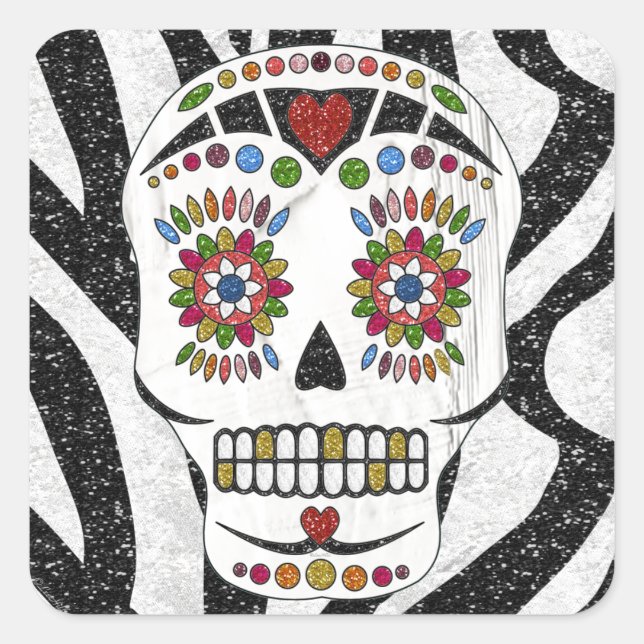 RAB Rockabilly Sugar Skull auf Zebra Print Quadratischer Aufkleber (Vorderseite)