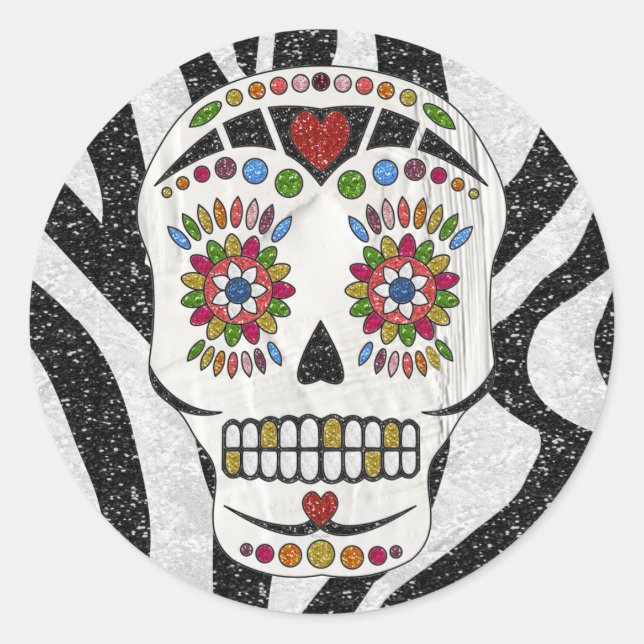RAB Rockabilly Sugar Skull auf Zebra Print Runder Aufkleber (Vorderseite)