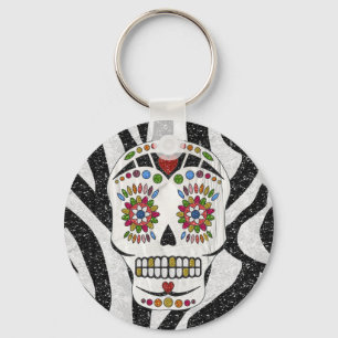 RAB Rockabilly Sugar Skull auf Zebra Print Schlüsselanhänger