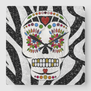 RAB Rockabilly Sugar Skull on Zebra Print Quadratische Wanduhr