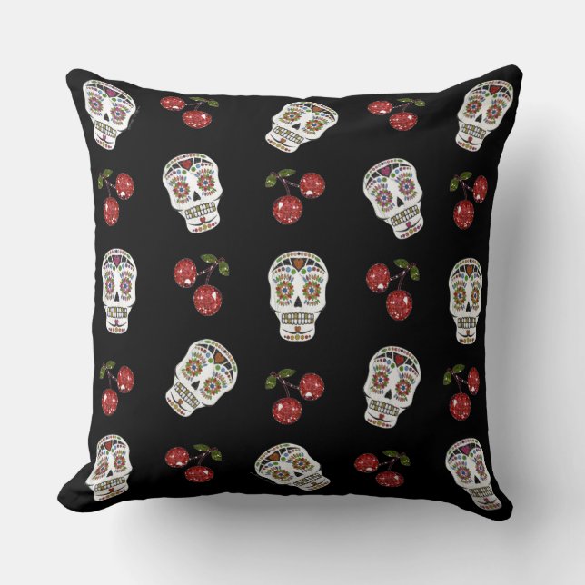 RAB Rockabilly Sugar Skulls Kirschen Kirschen auf  Kissen (Vorderseite)