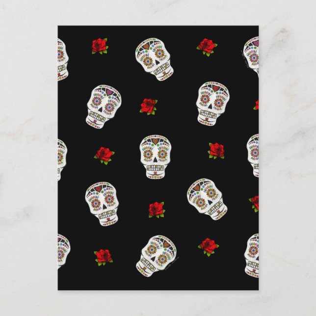 RAB Rockabilly Sugar Skulls Rose auf schwarz Postkarte (Vorderseite)