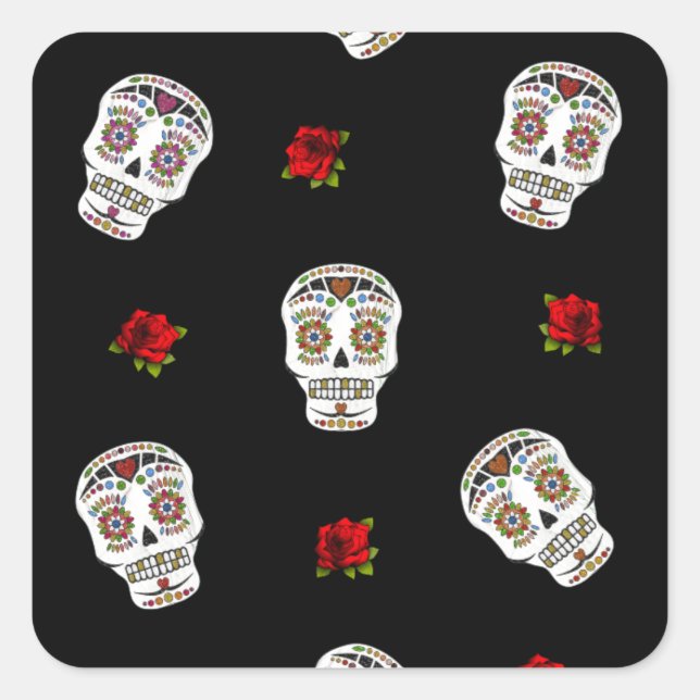 RAB Rockabilly Sugar Skulls Rose auf schwarz Quadratischer Aufkleber (Vorderseite)