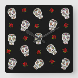 RAB Rockabilly Sugar Skulls Roses On Black Quadratische Wanduhr