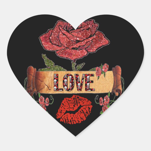 RAB Rockabilly Valentine Roses, Love & Lipstick Herz-Aufkleber (Vorderseite)
