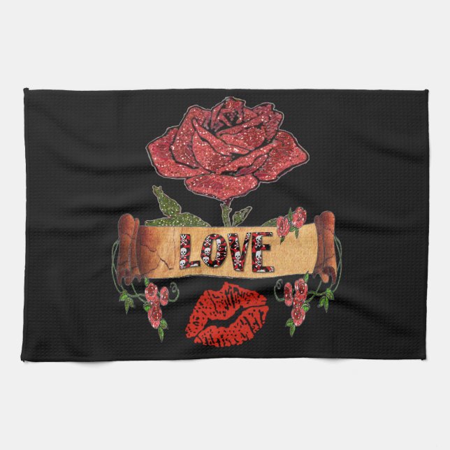 RAB Rockabilly Valentine Roses, Love & Lipstick Küchentuch (Horizontal)