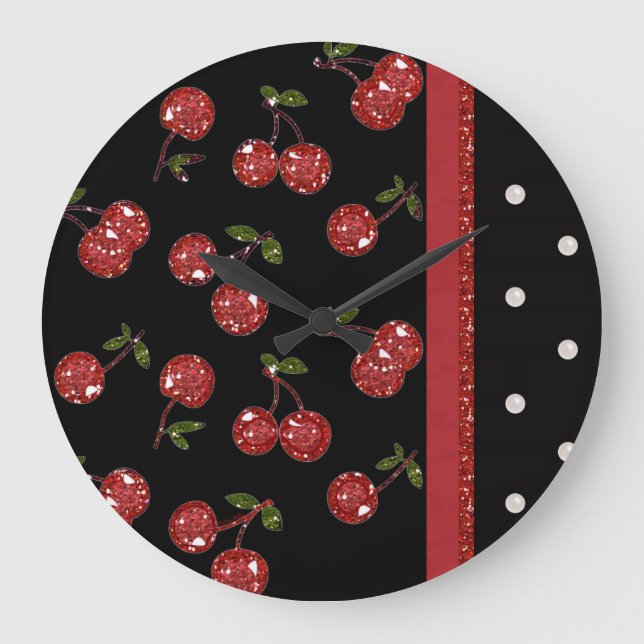 RAB Rockabilly Very Cherry Cherries Black Große Wanduhr (Vorderseite)