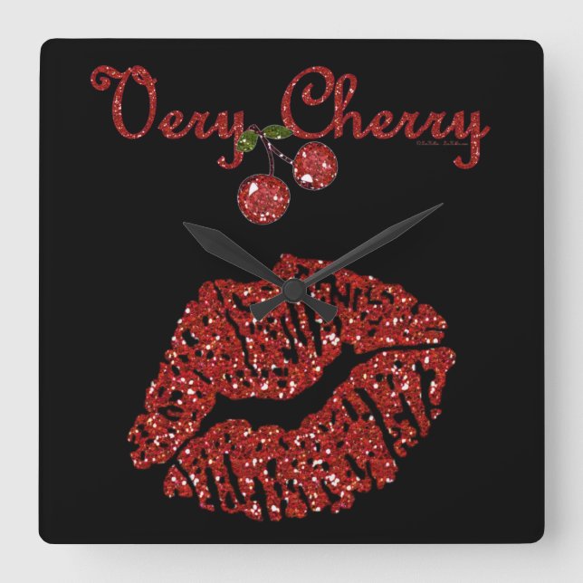 RAB Rockabilly Very Cherry Kiss Quadratische Wanduhr (Vorderseite)