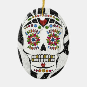 RAB Rockabilly Zucker-Schädel auf Zebradruck Keramik Ornament