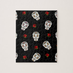 RAB Rockabilly Zucker Schädel Rosen auf Schwarz