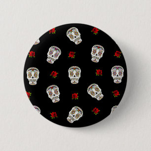 RAB Rockabilly Zucker Schädel Rosen auf Schwarz Button