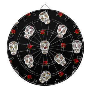 RAB Rockabilly Zucker Schädel Rosen auf Schwarz Dartscheibe