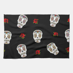 RAB Rockabilly Zucker Schädel Rosen auf Schwarz Geschirrtuch