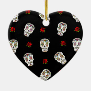 RAB Rockabilly Zucker Schädel Rosen auf Schwarz Keramikornament