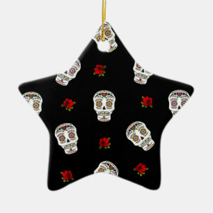 RAB Rockabilly Zucker Schädel Rosen auf Schwarz Keramikornament